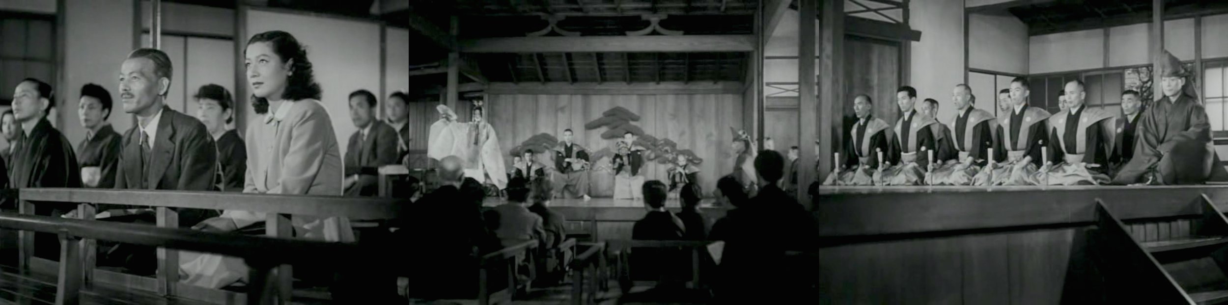 Three perspectives of a listener: Chishū Ryū and Setsuko Hara attending the Noh performance.