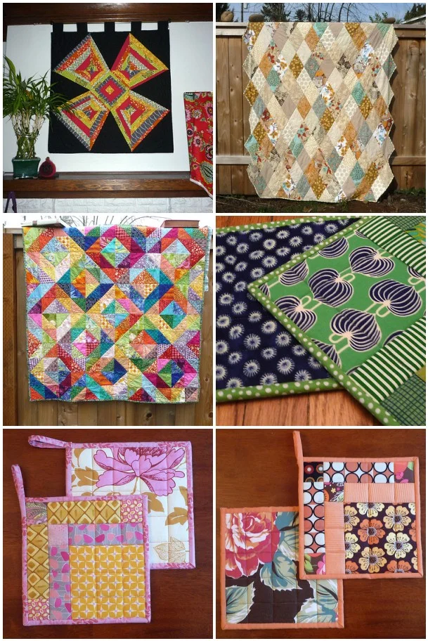 From top left: Super-secret wall hanging (renamed Don Quixote's Dragon); Icy-Cool 60/30 Diamonds; Warm/Cool QAL; pot holders, pot holders and pot holders (3 out of 13, I think).