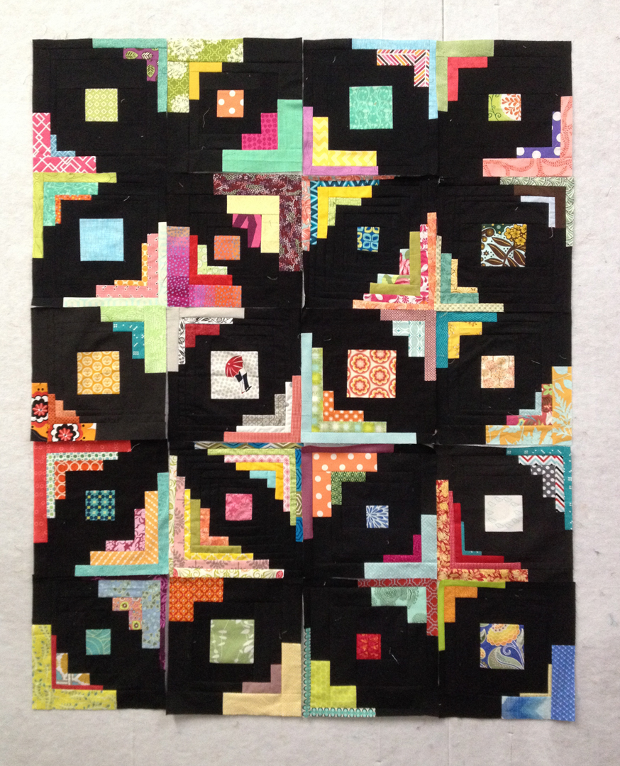 Collection of the blocks from January (some of which I finished Tuesday afternoon to make one more row), based on the Converging Corners tutorial from Film in the Fridge.