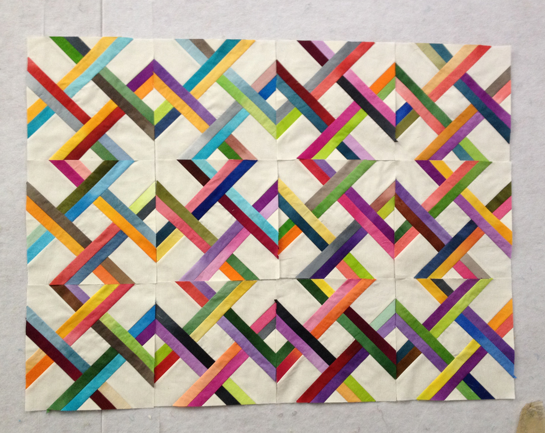 Blocks for my brother's wedding chuppah. The paper-piecing templates designed and drafted by my mom, inspired by a quilt we found on Pinterest without any reference or source for the pattern used.