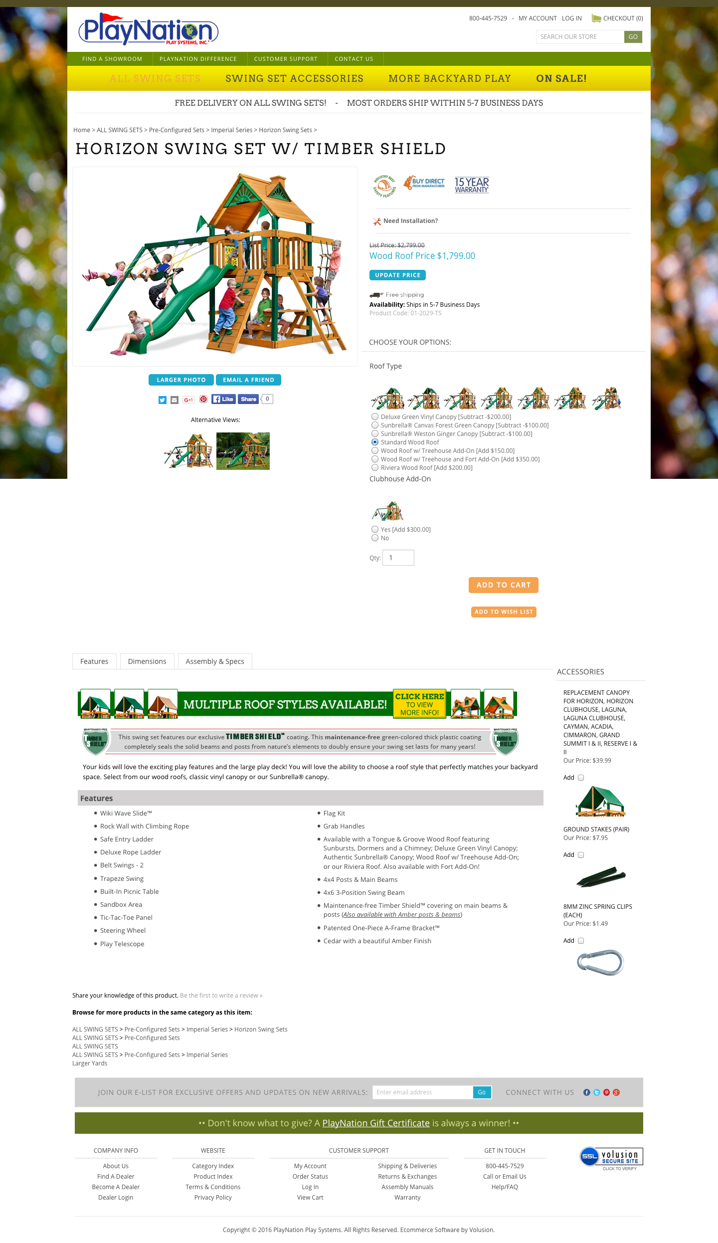 Swing set product page. I designed the ordering structure (selecting roof types, etc) and the information that is visible in the product details tabs.