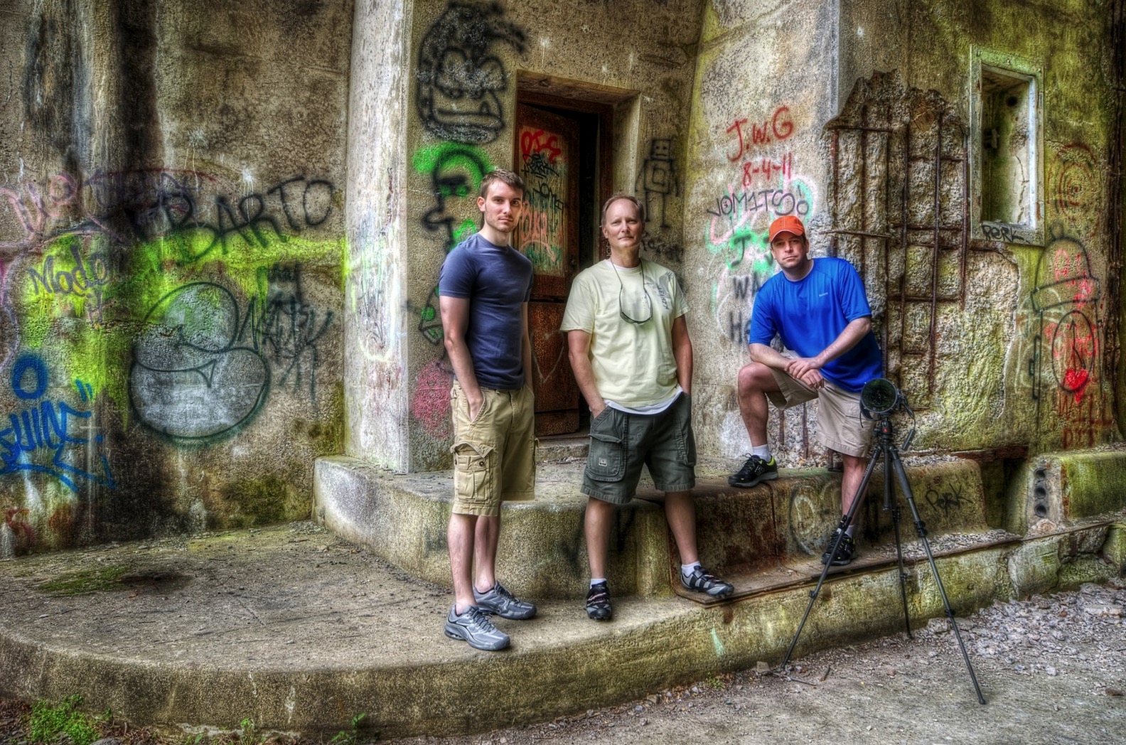 Photo taken and processed by Brad Truxell: From left to right, Brad Truxell, Dave Truxell, and Brook Ward. This was taken in the entrance of a tunnel on the Abandoned Pennsylvania Turnpike on our photowalk (well we biked the abandoned road).