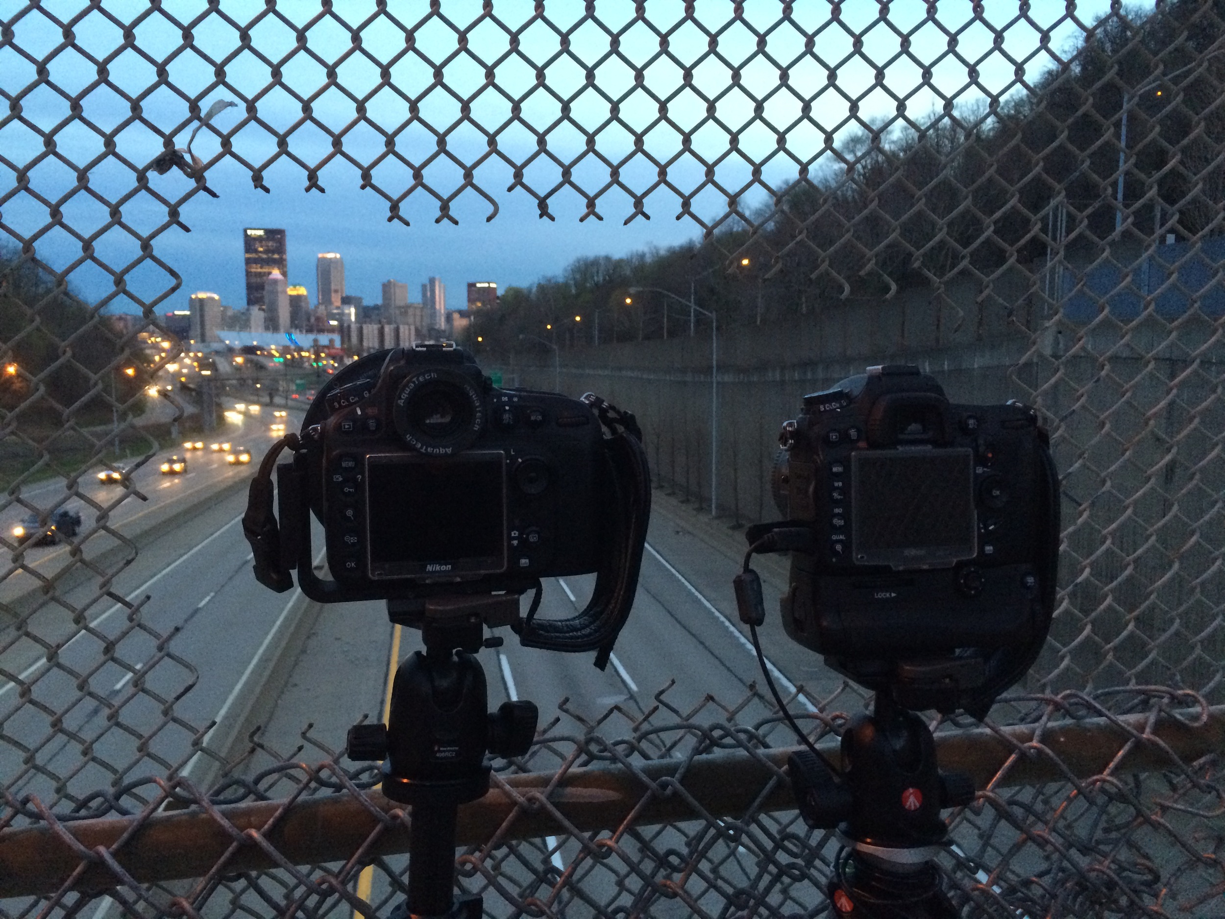 My camera on the left, Brad's on the right. It was nice of someone to cut this hole for us.