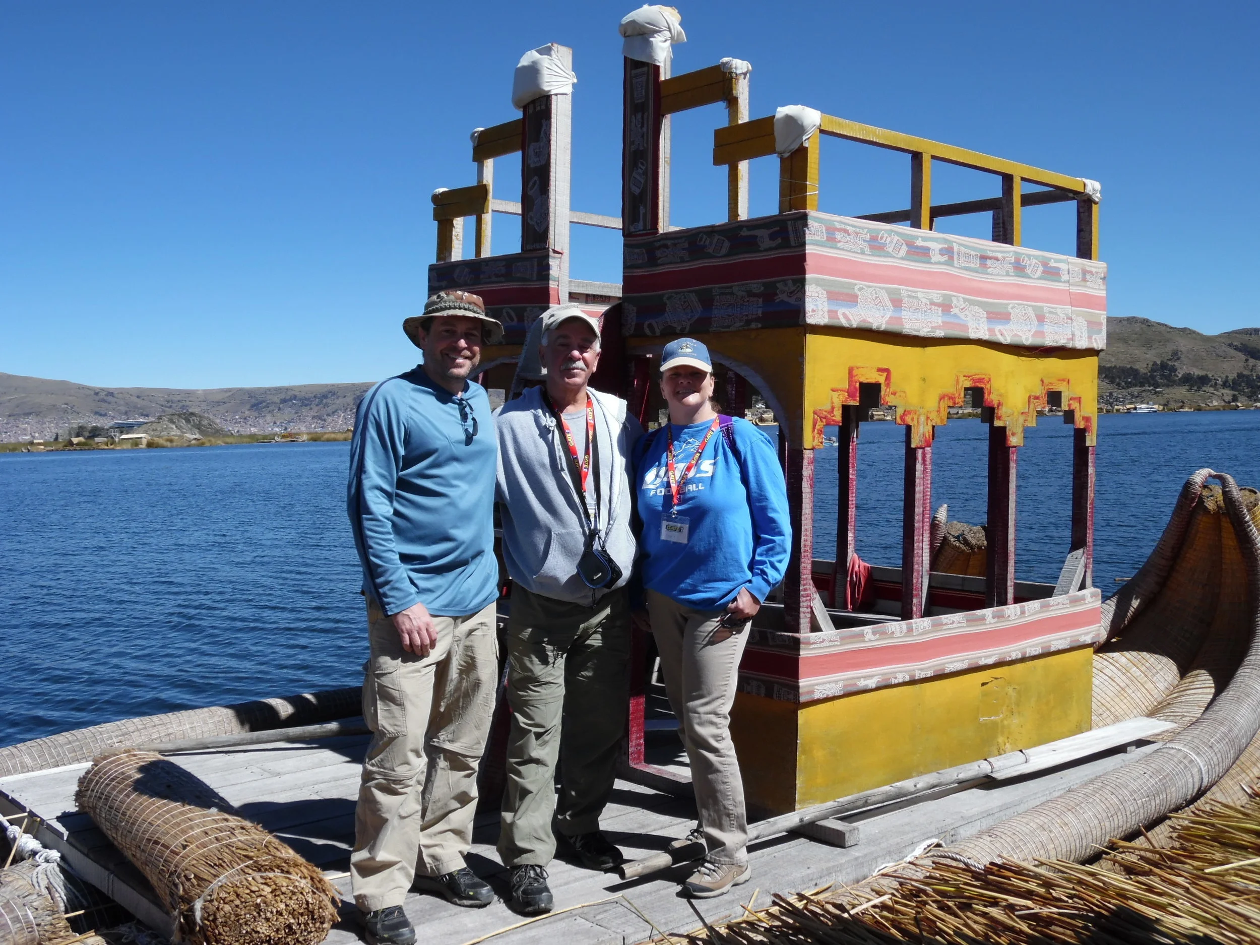 MJ, my dad and I on Lake Titicaca in Peru