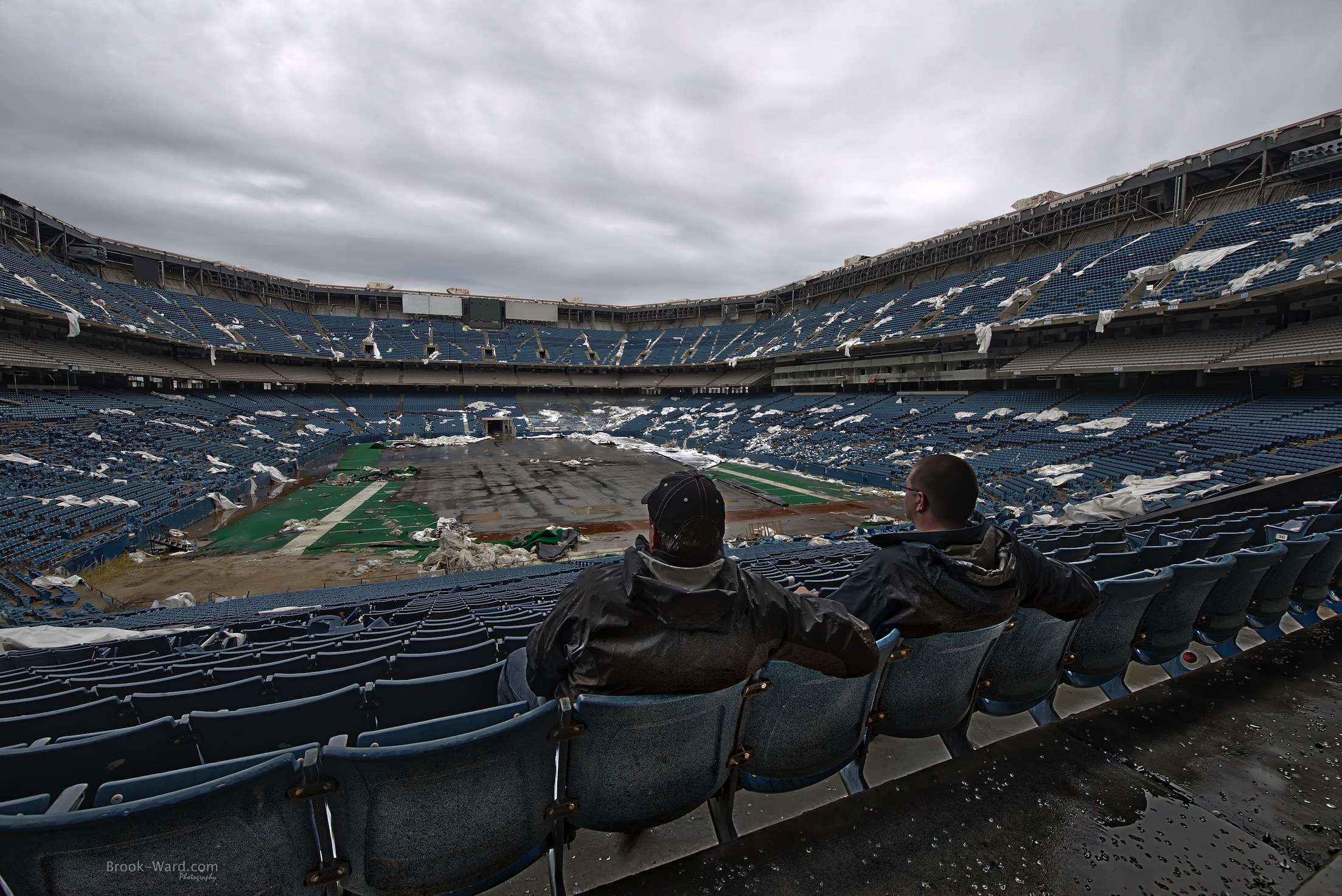 Blair and I sitting in the Abandoned Pontiac Silverdome