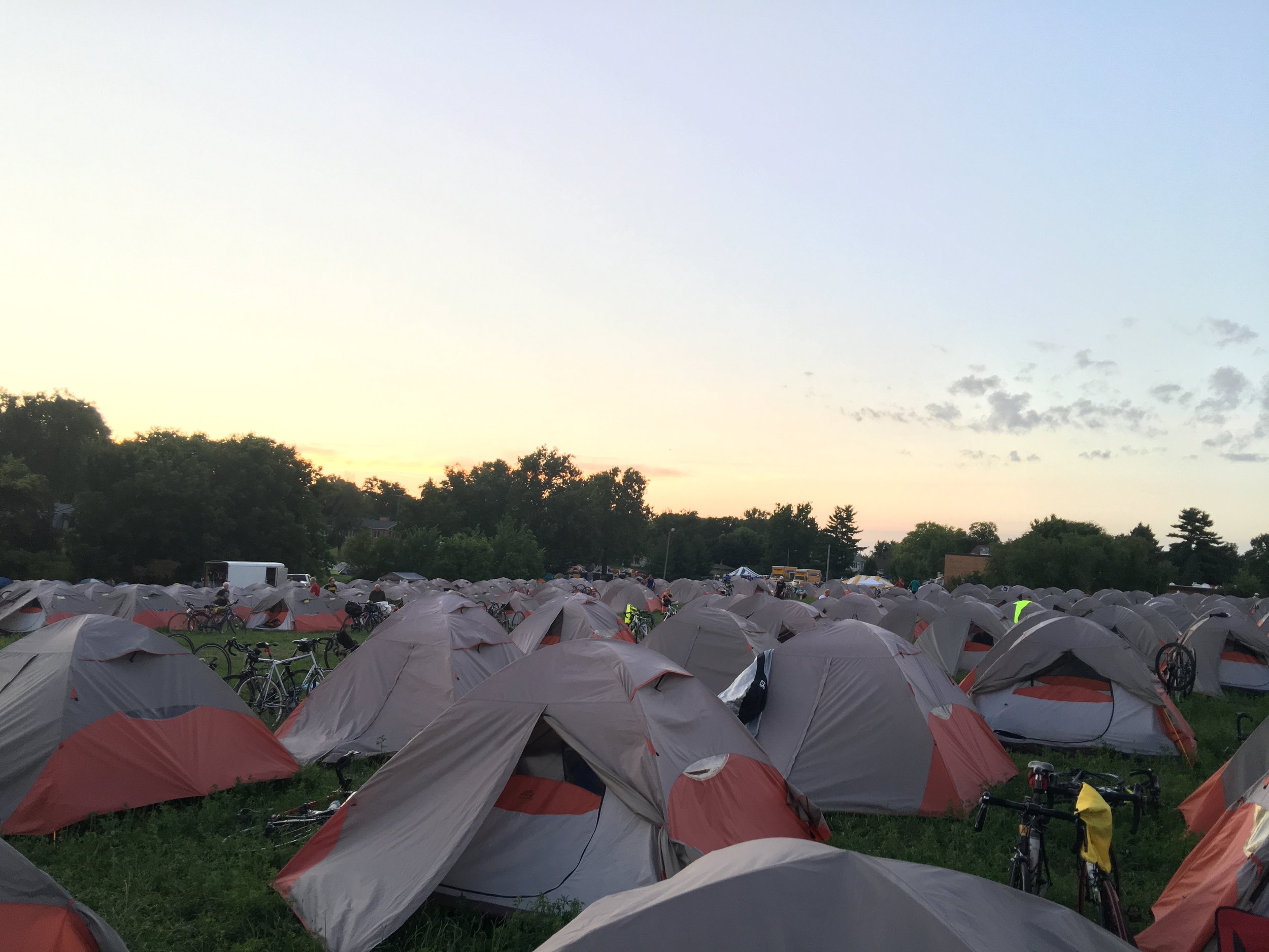 Tent city in Sigourney after the sun set