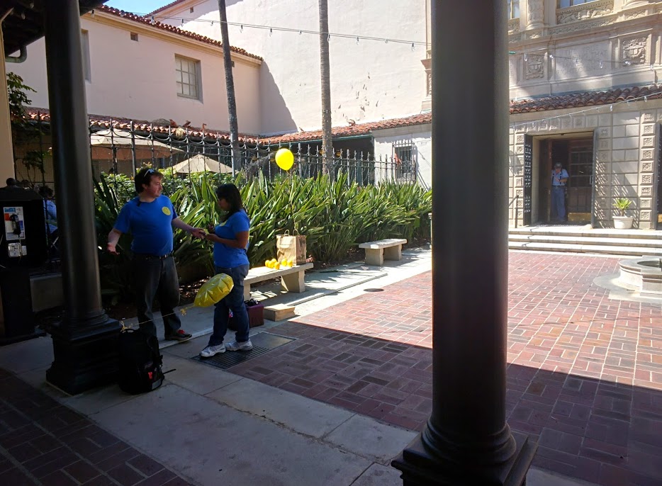 GC waiting for us with portable lemon balloons affixed to a backpack.