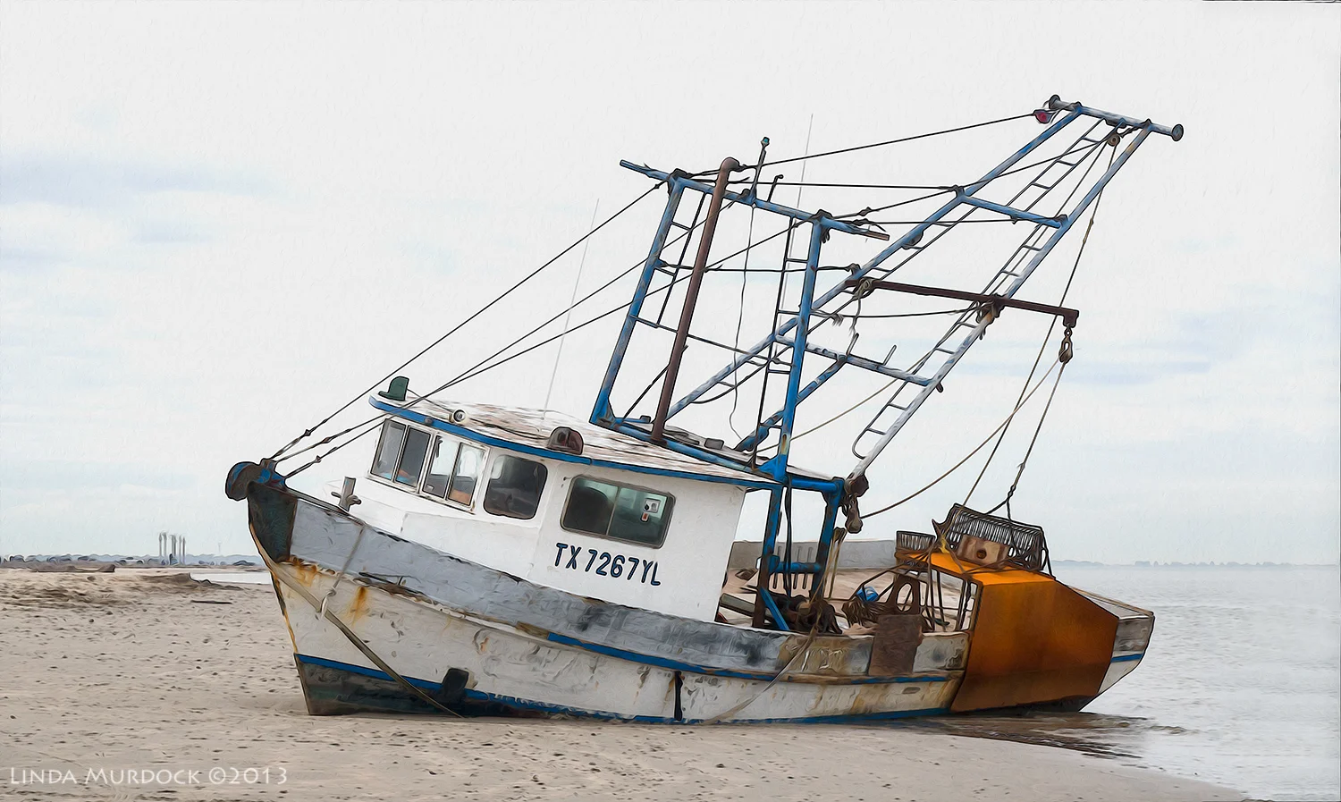 Shrimper aground. ISO 400 1/400 at f/11.0, focal length 109.0mm. Post-processed with Photoshop Overlay and Oil Paint.