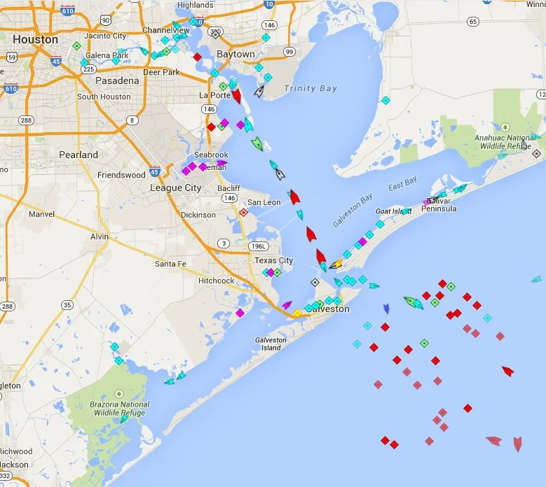 Typical traffic from the Gulf of Mexico up to Port of Houston. Notice they all pass by the Texas City Dike From MarineTraffic.com
