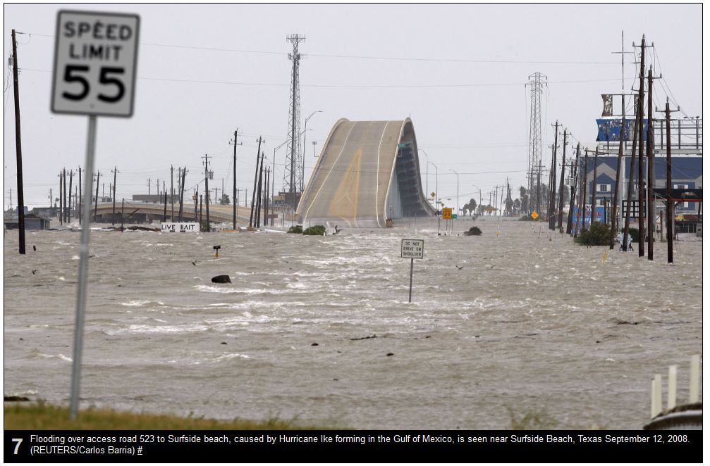 Photo taken looking toward Surfside just after Ike. The caption is wrong, this is Hwy 332 and the shipwreck would be off to your left.