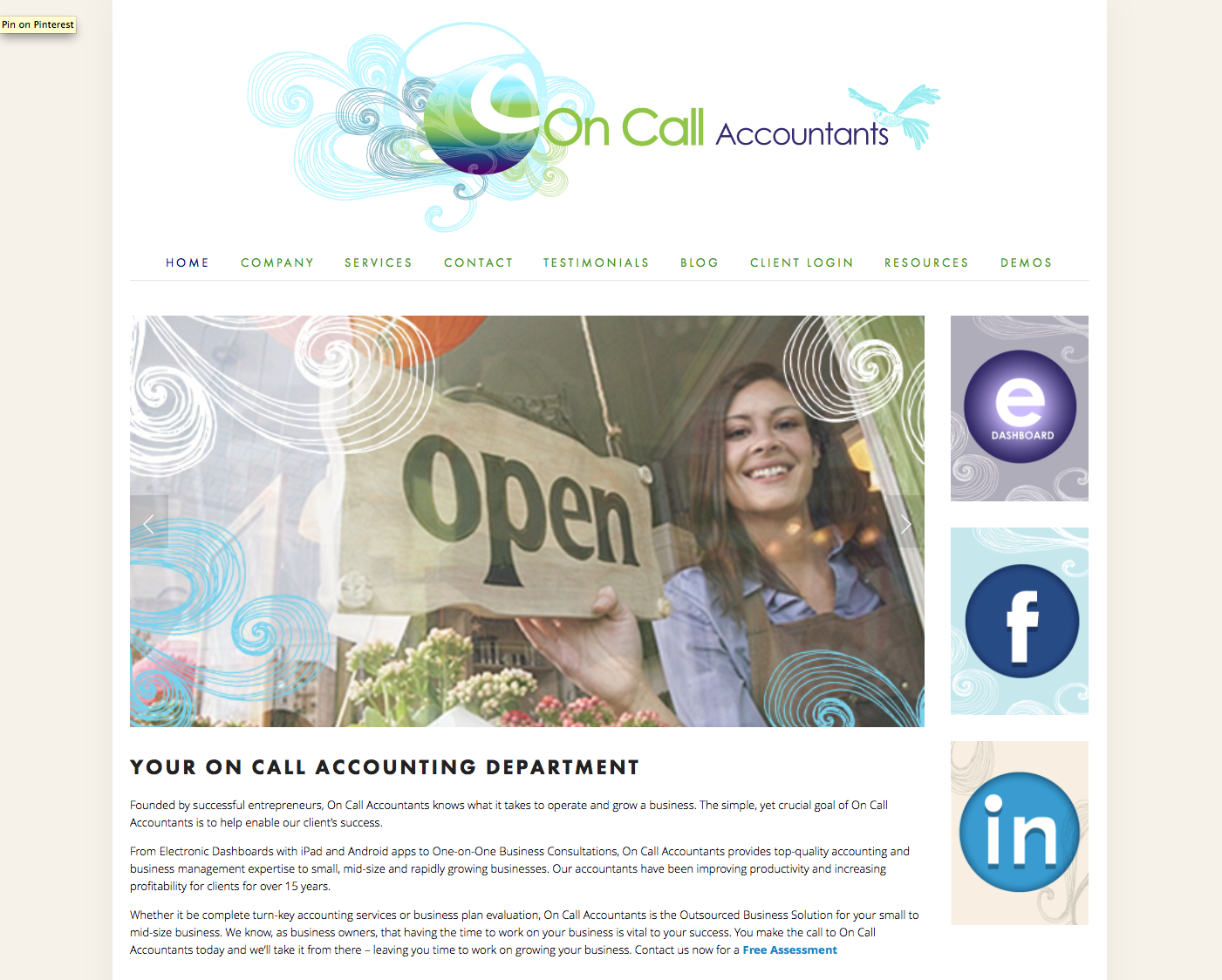 On Call Accountants Virginia Beach Owner Maria Reich Needed to upgrade their old brand look to fit her new business model and location by the beach. Her problem was that she could not change the current logo so we added a secondary illustrative graphic element to help narrate and navigate the brand through out her site. 