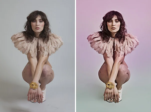 Raw on the left and final retouched image on the right. Here again the colour toning applied in post is personal and subjective. Photography and retouching by Jake Hicks Photography.