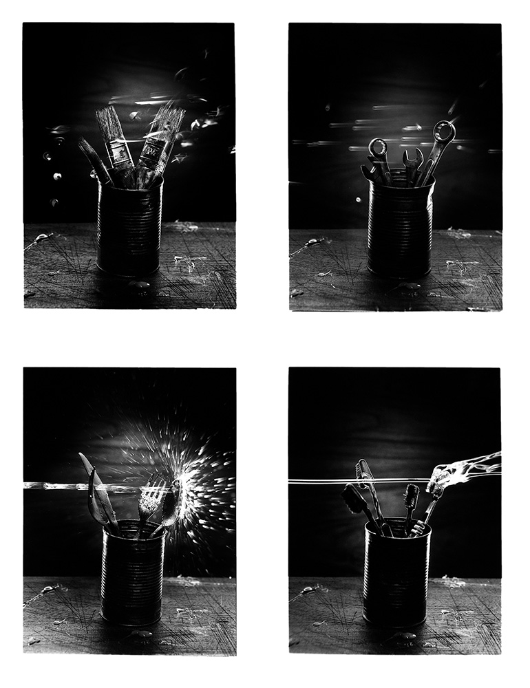 So this was my first ever competition submission. Back in 1999 when I was a student I entered Ilford films Black and white competition with these shots. This shoot was specifically targeted at this competition and was originally shot on a Mamiya 6x45 I think using Ilford 400 XP2 120 film. The various items were glue gunned into cans and then they in turn were glue gunned to a perpendicular board. A variety of water, oils, ball bearings and sand etc where then poured straight down and the final images obviously straighten afterwards. These images earned me a highly coveted 'Commended' award and £100 Calumet voucher that I think I still have in a box somewhere. I doubt it will get me much now.