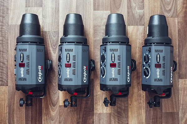 My preferred lighting weapons of choice, my original Bowens Esprit 500w heads.