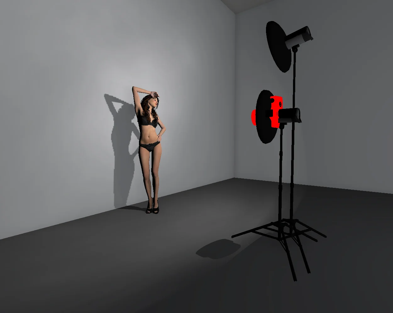The key light is a 21" white beauty dish positioned up high angled down towards the model. The fill light is a ring light. The red object in this image is actually the camera.