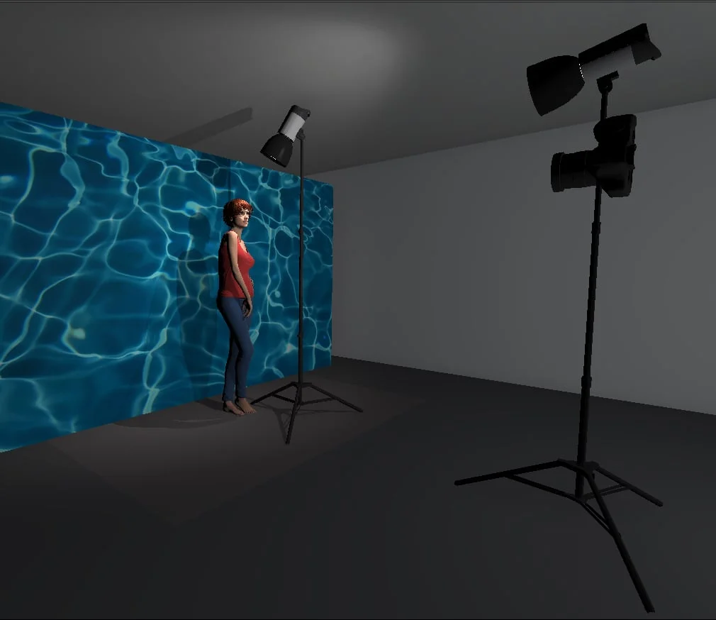 The setup shown above illustrates where I had the models light placed. It was quite close to the model and pointed down sharply to avoid any excess light spilling onto the projected image on the wall behind her. In this diagram the light next to the camera is actually there to represent the projector. Again here you can see that I had the projector above the models head height so that any shadows would be thrown behind her and hidden below her shoulders. I also further increased this by shooting slightly up at the model, this again ensured that there were minimal shadows distracting the overall shot.