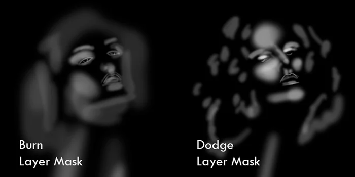This is an example of what my dodge and burn masks look like when they're selected. Areas to burn are usually enhancing the makeup and defining the lips where as areas to dodge are the forehead, cheek bones and hair etc.