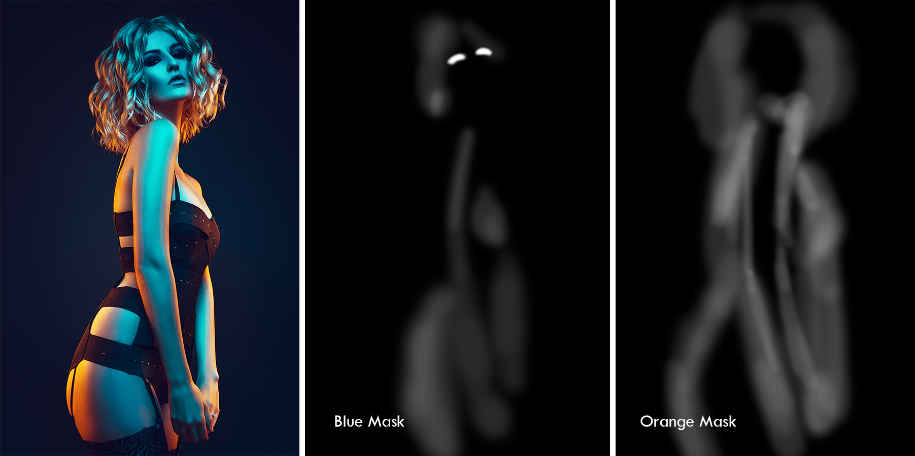 The mask above clearly show where the colour has been painted back into the image. Notice on the right hand mask, the orange mask, how I've concentrated heavily on the edges of the model. This technique really helps to pick the model out form the background.
