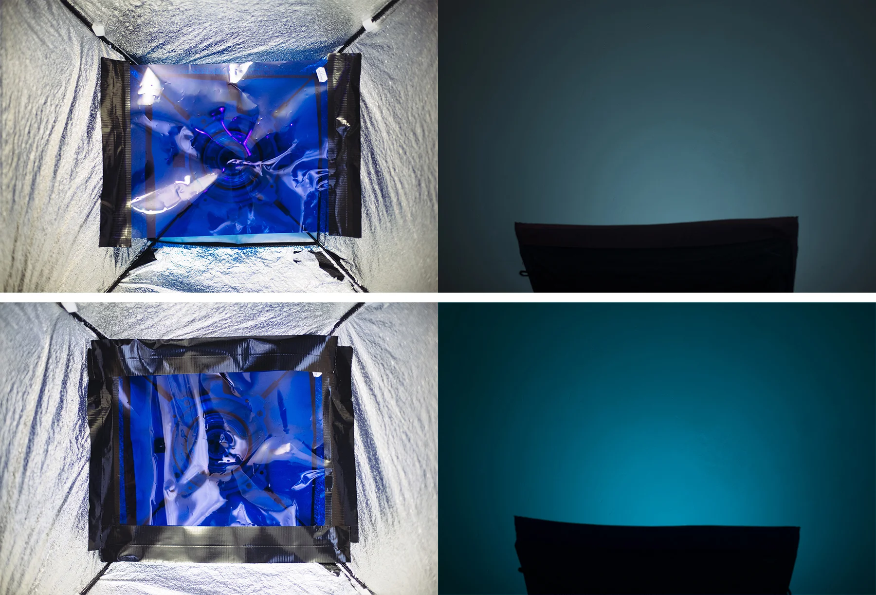 The top images here show that I have only taped the gel inside my softbox on two sides. The resulting righthand side image is showing a paler, washed out colour that is very susceptible to being washed out even further by other lights in the setup. The image at the bottom shows the gel taped in completely on all four sides so that no white light is allowed to escape and wash out the desired colour resulting in a rich and highly saturated colour.