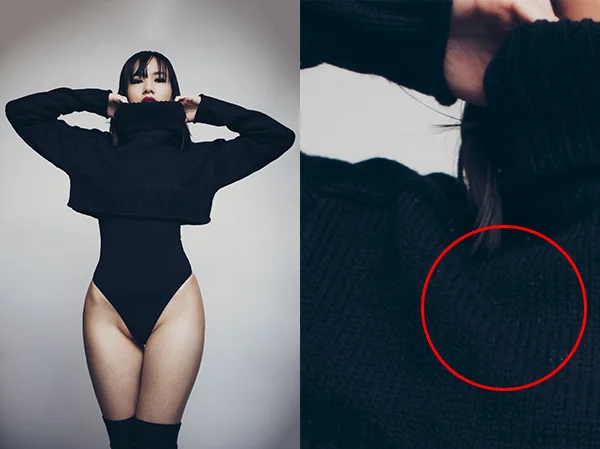 The circled area here highlights a common problem when photographing dark coloured clothing; the omnipresent dust, fluff and hairs that plague the finer details of our fashion and portrait shots.