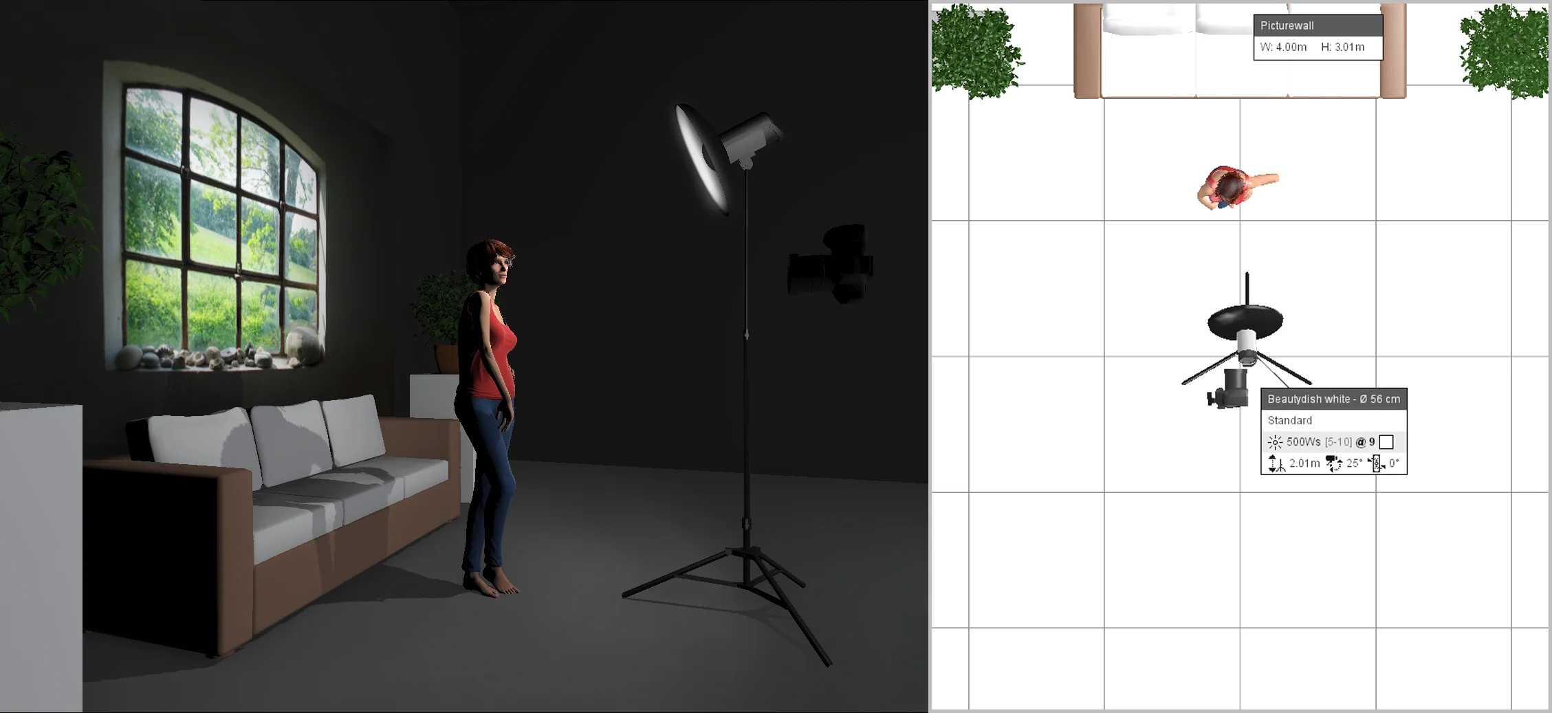 Super simple one light setup plus daylight behind. A 22" silver beauty dish is positioned directly in front of the model with the daylight behind her. Click on the image to enlarge it.