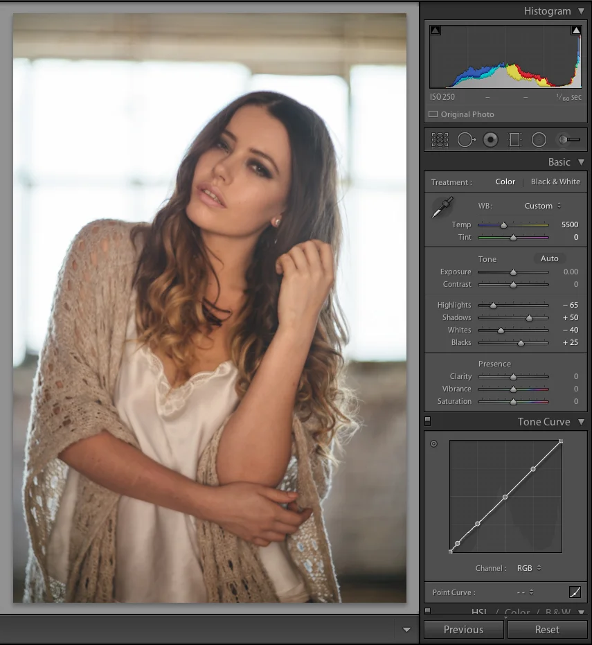 Simple one light setup in front of a window. The white balance is set to a relatively neutral point of 5500k to keep both the widow light behind and the flash key light looking natural.