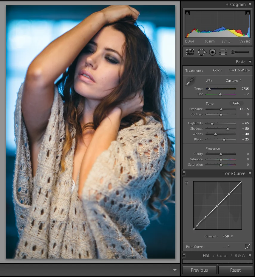 Shot taken with CTO key light and daylight behind but with manual adjustment of Kelvin values applied.