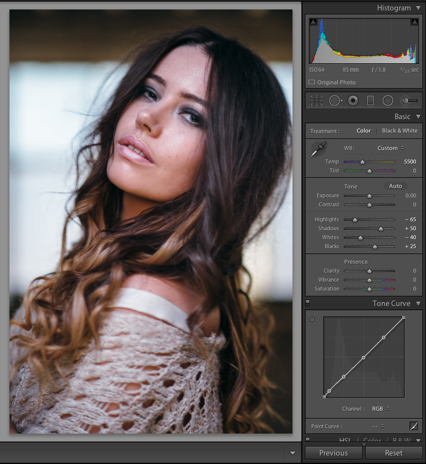 Shot taken with CTB key light and daylight behind and a flat Kelvin value of 5500k.