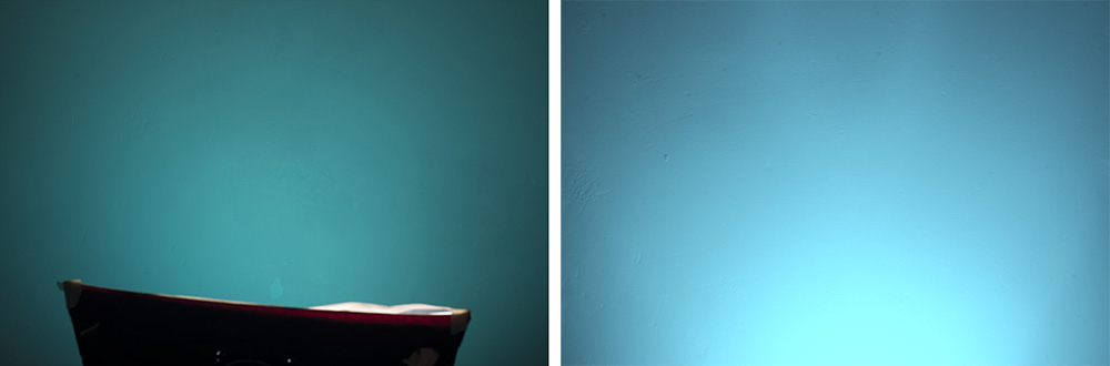 The images above show the difference between modifiers when used in conjunction with gels. The image on the left is a small softbox with a blue gel, the colour is less vibrant and lacks in saturation from edge to edge plus there is little sign of a distinctive hotspot. On the right we have a gel attached to gridded reflector dish, the resulting light is a lot more saturated but has a significant hotspot that drops off dramatically. If you wanted a flat even toned gelled backdrop then the softbox is the way to go.
