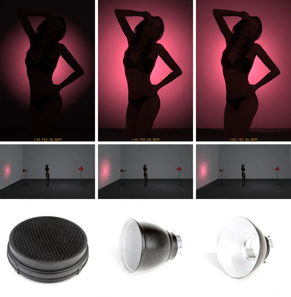 So in the three sets of images above we can clearly see how variations in hard light modifiers affect the gel appearance. On the left we have the tightest spot with the grid on a 60 degree reflector. In the middle we have a bare 60 degree reflector that still has a relatively controlled but tight vignette and then on the right we have the open 65 degree maxilite reflector dish from Bowens which is my favourite mix of control and spread.