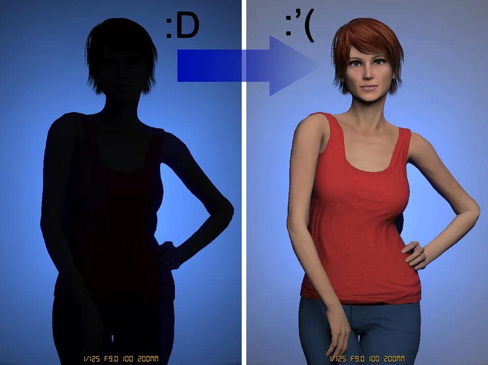 The image on the left is the result of our hard earned efforts to sculpt a perfectly lit gelled background. We've exposed the gel to get the tone we want, we've used the perfect modifier, we've placed it at the right distance from the wall and we've even chosen the right lens. But it's all been ruined in an instant with the addition of just one more light :'(
