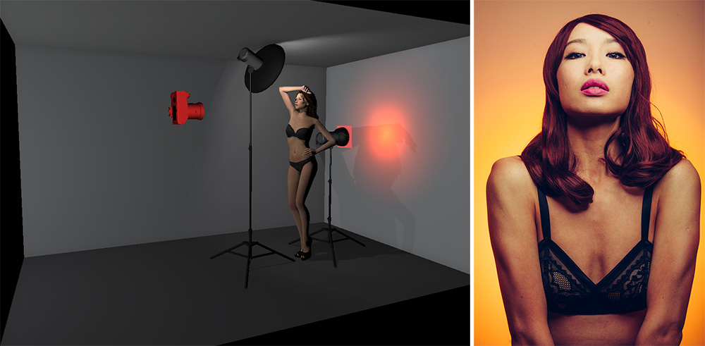 Obviously when you're shooting in small spaces you need to be aware of how close your key light is to the background. Even when I'm using a gridded beauty dish really close to the model, I'm still getting a lot of spill onto my gelled backdrop which is washing out the colour.