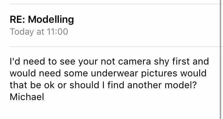 Michael Hunter and his delightful request to see a new model in her underwear before he will photograph her.