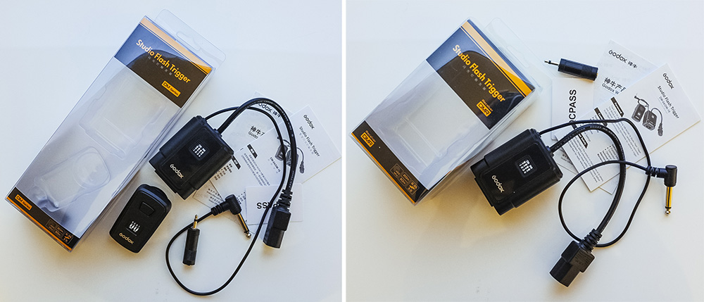 Each box contains the stated transmitter and receiver plus warranty and input jack converter. The input converter is actually the opposite to what the eBay listing stated, it actually converts the strobe input to a speedlight input. This is even better for me as a strobe shooter. One less piece of kit to loose.