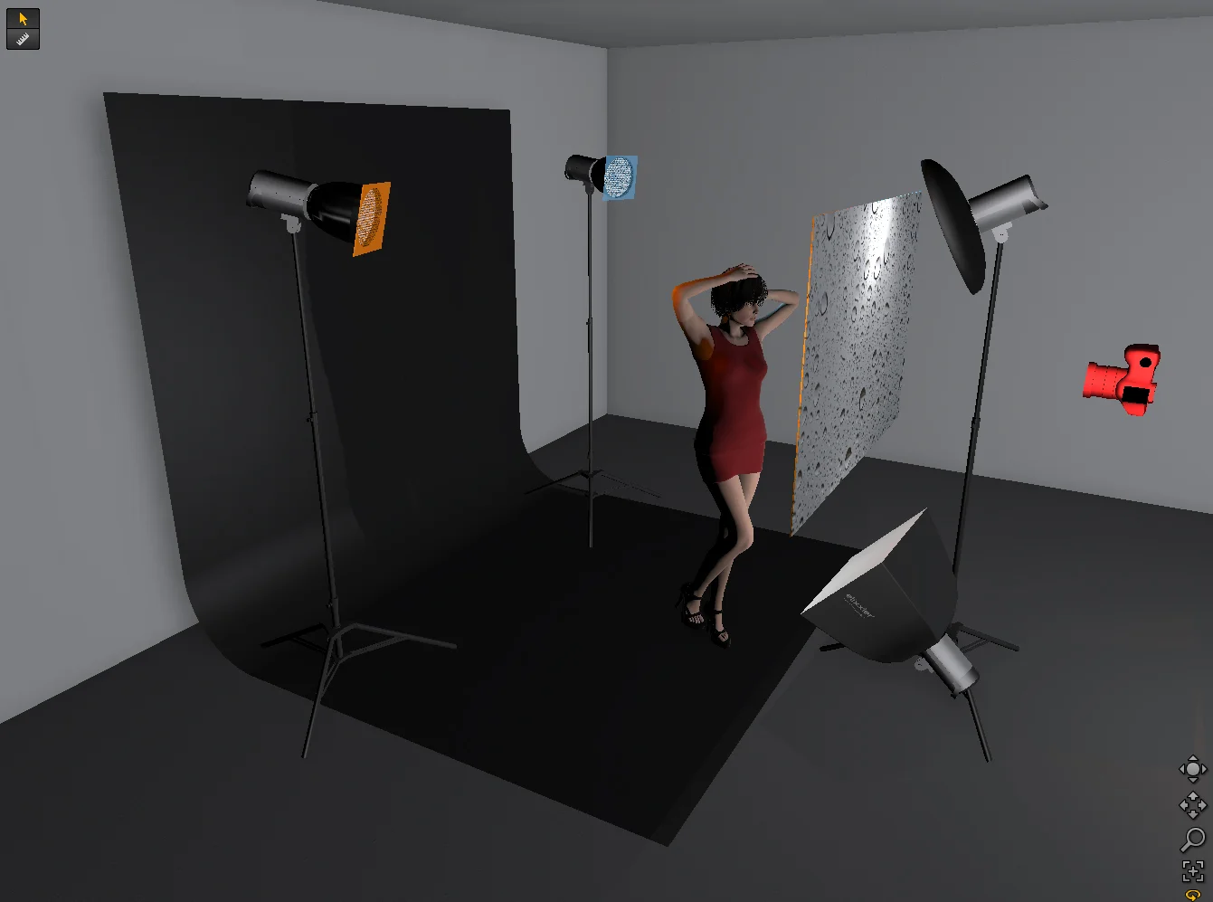 This is the four light setup. You'll see that the two gridded spots are positioned behind the model pointing towards the camera, these both have gels attached. The beauty dish is positioned nice and close to model and the small soft box is on the floor acting as a fill light.