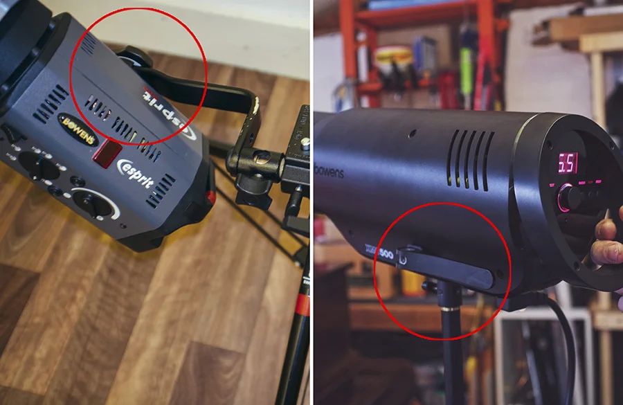 On the left is the old L-bracket on the Bowens heads. It would attach to the side of the head via a knob that you had to tighten. The new lights seen here on the right are attached to the stand via a central stalk that is tightened by a simple quick-release lever shown here.