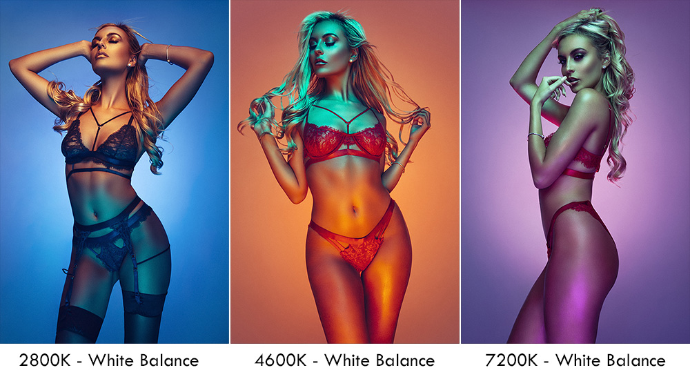 The shots above were all captured using coloured gels on all of my lights in the scene so it opens up a whole world of creativity when playing with white balance and Kelvin values.