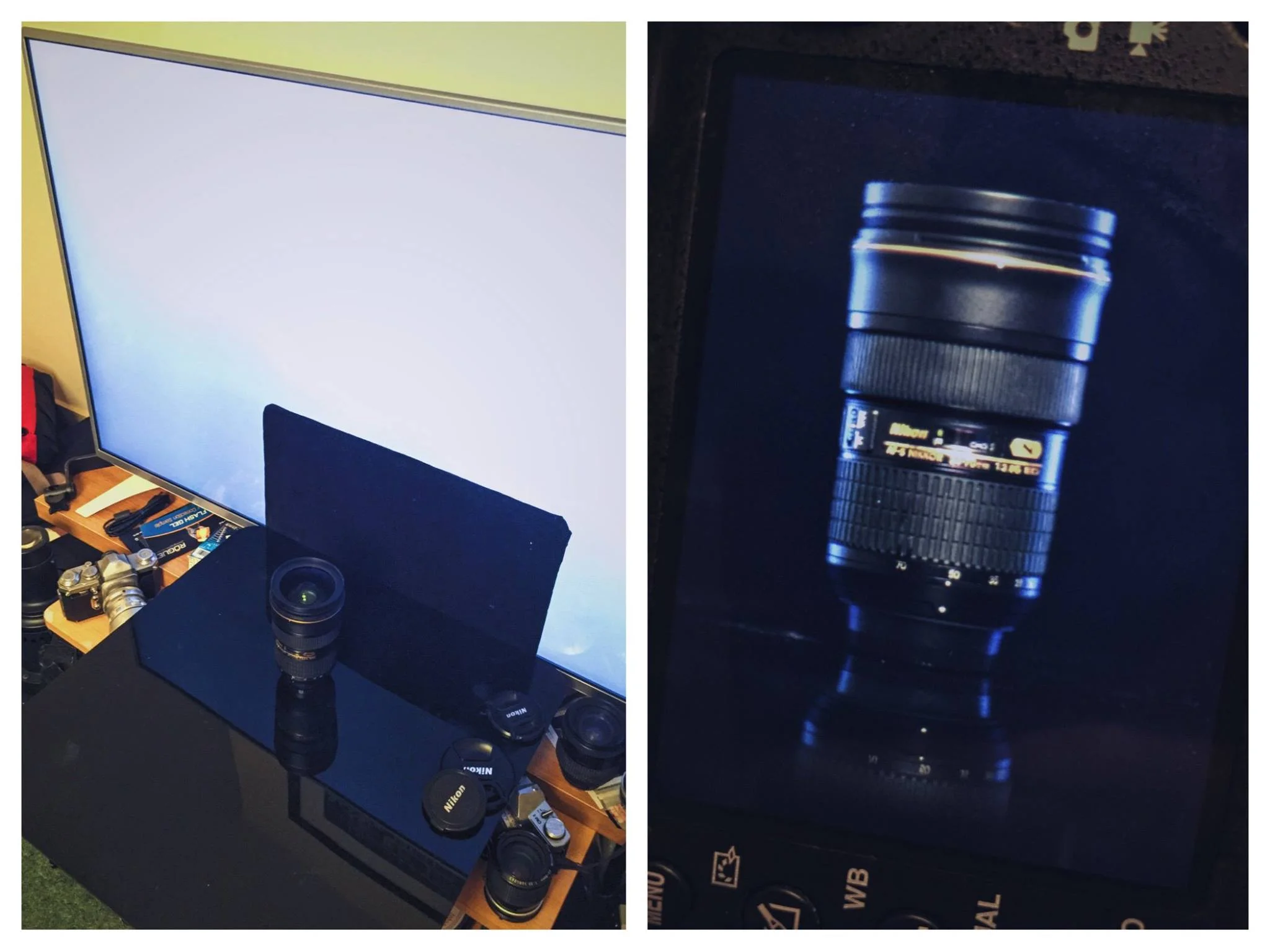 Here you can see the "dark field illumination" setup in it's simplest form. I wanted some quick and interesting looking product shots for an article so I simply used my T.V. as a replacement softbox behind the subject. I placed a black piece of card between the product and the T.V. and in two minutes I have a useable setup without the fuss of setting up my lights. PRO TIP: The blue edging seen here is a result of my white balancing to my tungsten lounge light ;)