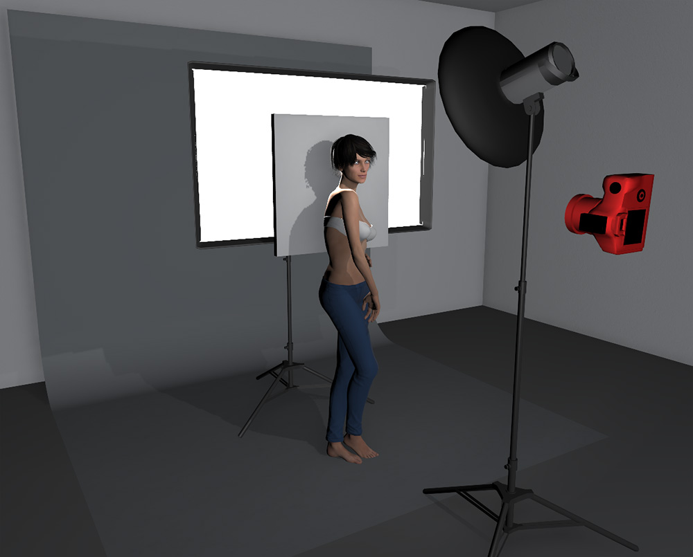 With the addition of a white board between the model and the softbox behind, we can gain a lot more control over how much of the highlights are blown on the model's skin.