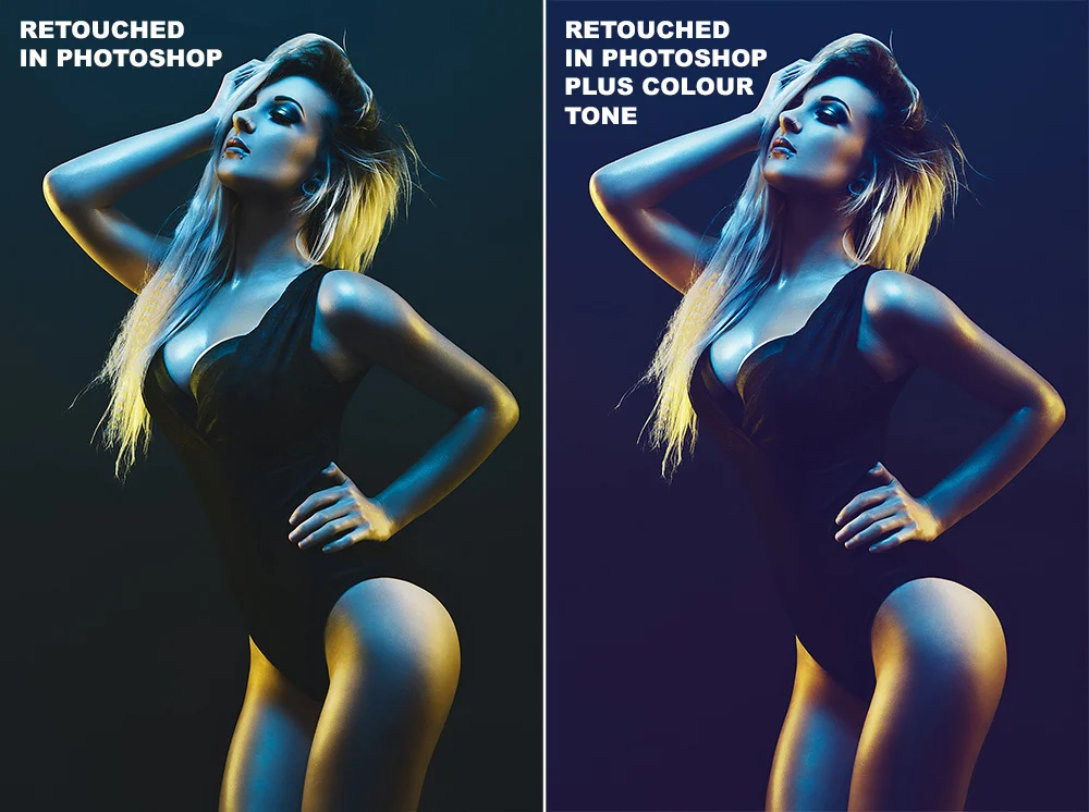 The above images shows the final Photoshop retouch version on the left and then with the final colour toning applied on the right.