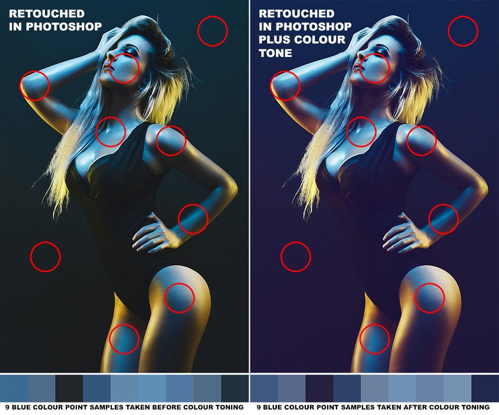 In the above images I have targeted 9 key areas in each of the images where a strong blue tone is present and sampled each of them. Below each of the images is the resulting colour swatches.