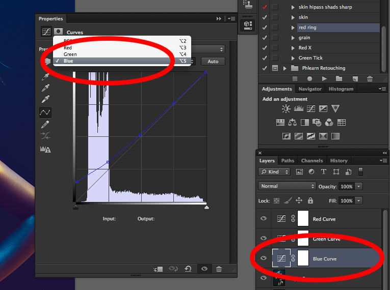 Only make adjustments to the Blue curve in the Blue adjustment curve layer and so on with the other two curves.