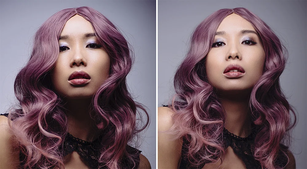 The images above show lighting on a model with and without catchlights present in the eyes. The image on the left shows almost no visible catchlights at all, this makes it very difficult to manually focus a shot as there's very little contrast in the specific image area to visually lock-on to. The detail in the eyes on the right hand images gives you a far better chance of achieving a sharper image.
