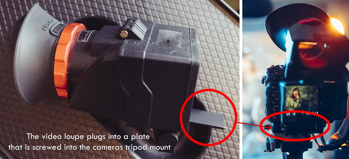 The video loupe comes with a mount that you attach to the cameras tripod screw mount. You can then slot the video loupe on and off very quickly and easily via the slot attachment you see here.