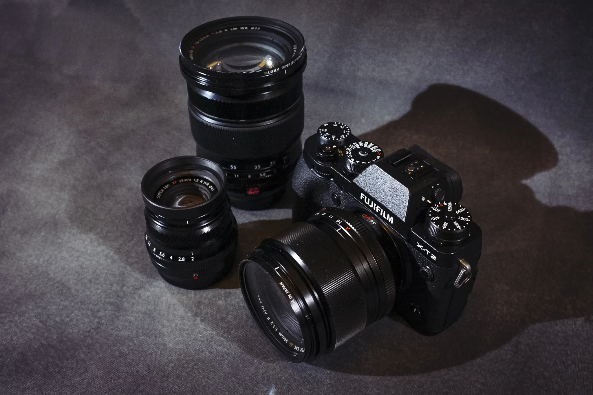 The Fuji-XT2 with the three lenses I tested along with it.