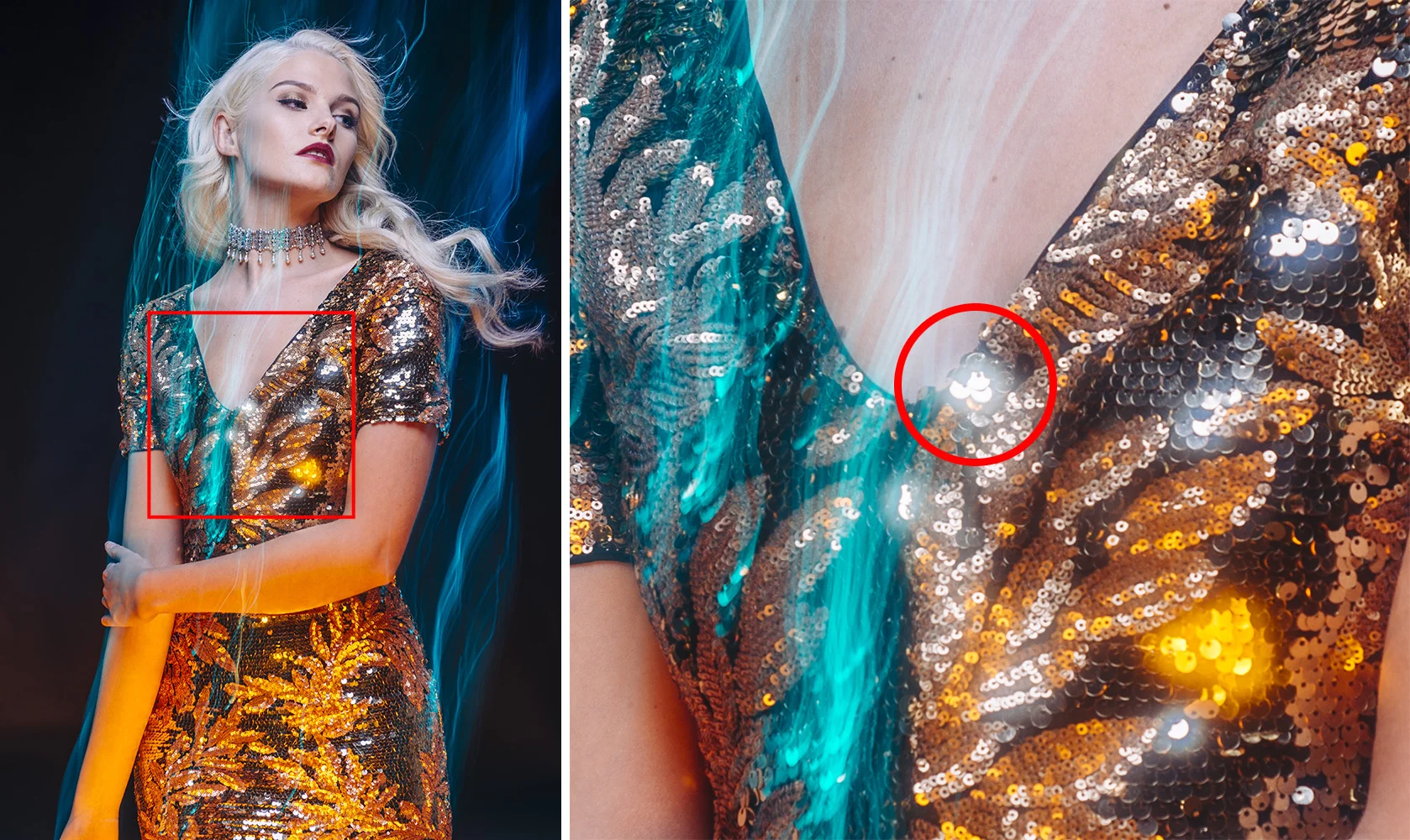 Here'e another shot from the same workshop again and that flaring effect can clearly be seen here once more. This might seem like a unique problem with these sequins and bright points of light in the centre but this same flaring can be seen on any bright highlights in shiny skin and jewellery towards the centre of a shot when taken with this lens.