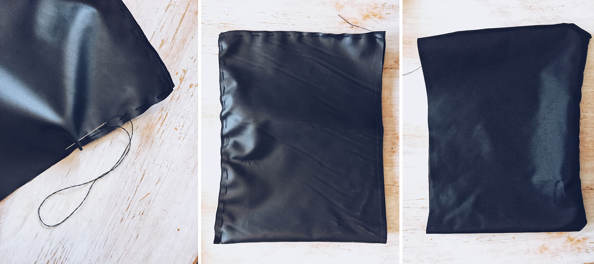 Start to sew up your divider pocket by sewing along two sides (middle pic) ensuring you have one open side. When you're done simply turn the pocket inside out to hide the 'handiwork' (right hand image).