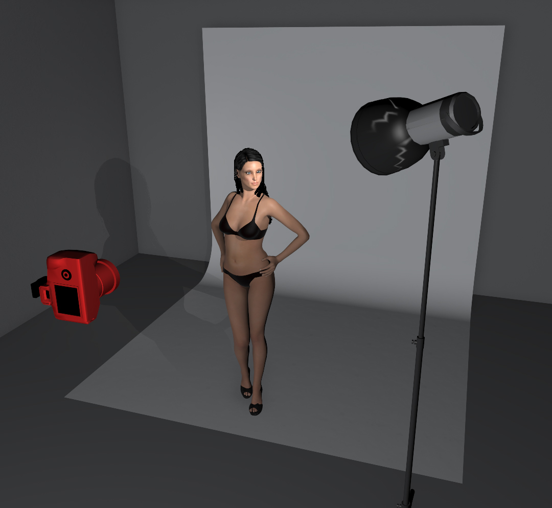Here's the lighting setup for the far darker above setup. The single light and model are a fair distance from the background that results in a lack of detail in the scene.