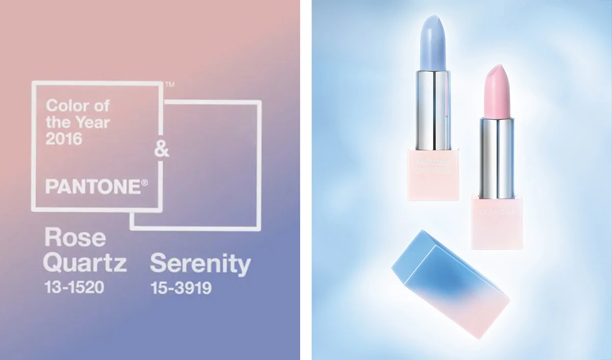 On the left you can see Pantone's colour of the year prediction for 2016. On the right you can see one of their partner companies Sephora releasing their new range of makeup.