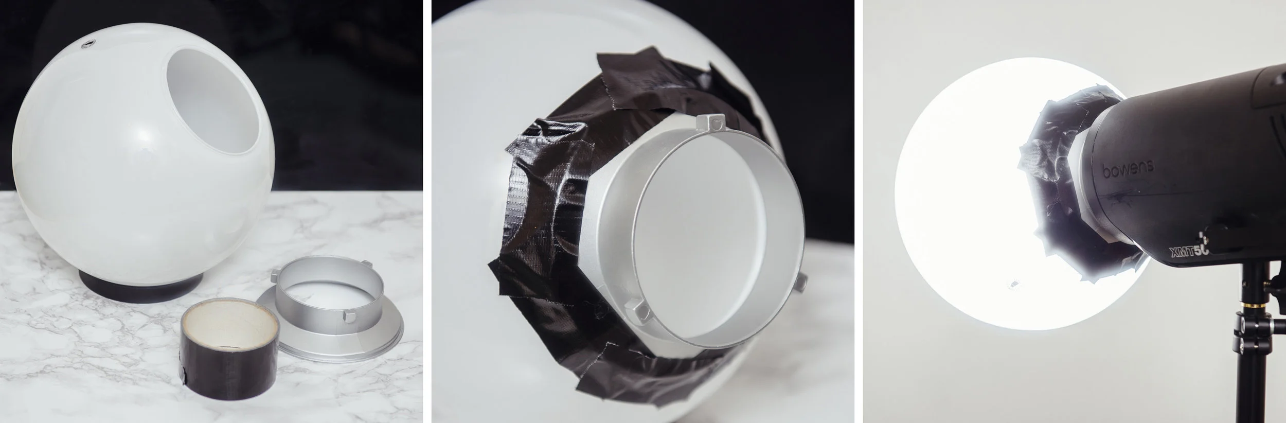 The large dome was taped snugly onto an old speed-ring which enabled me to attach it to my light horizontally if needed.